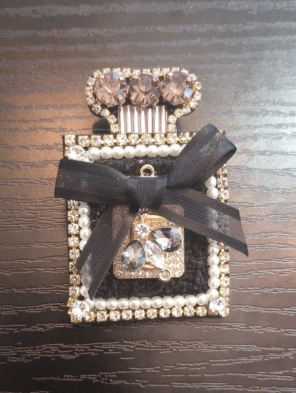 Perfume Bottle Rhinestone & Pearl Bow Fabric Back Brooch Pin